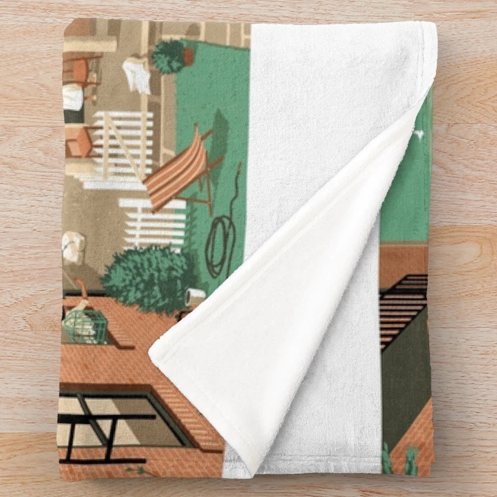 Vintage-style plush blanket featuring the cityscape from Alfred Hitchcock's classic film Rear Window