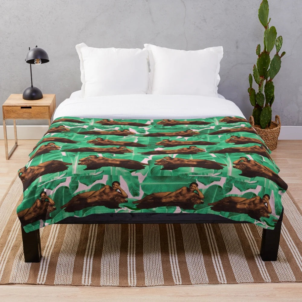 Cozy plush blanket featuring a retro design inspired by Burt Reynolds' iconic centerfold