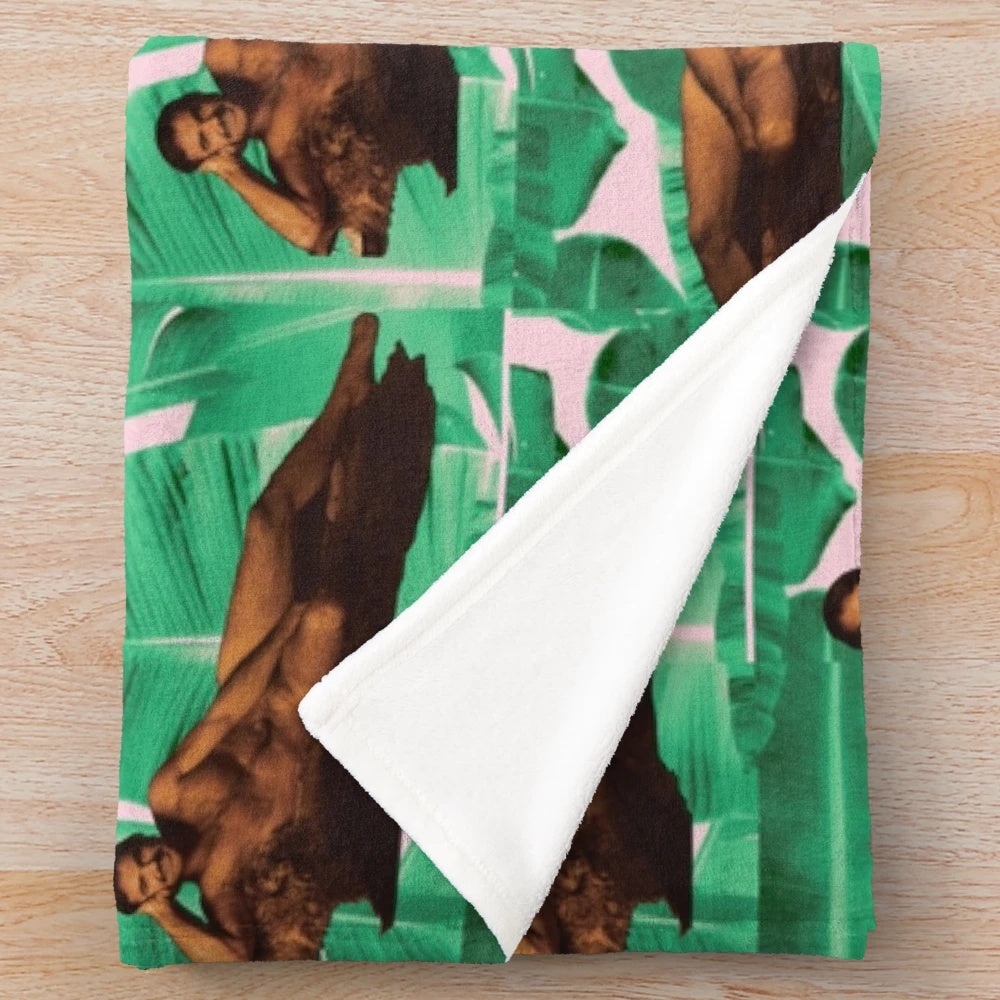 Cozy plush blanket featuring a retro design inspired by Burt Reynolds' iconic centerfold