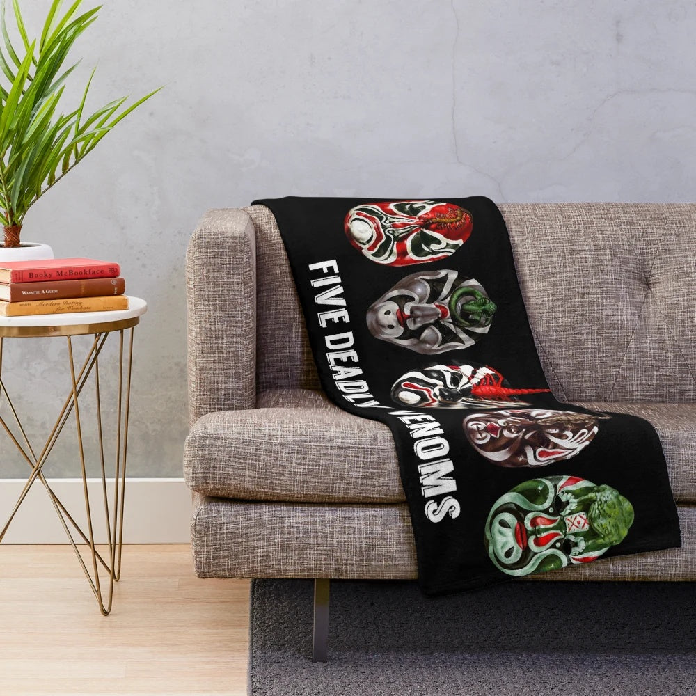 Plush blanket featuring the iconic logo and imagery from the classic Shaw Brothers kung fu film "The Five Deadly Venoms