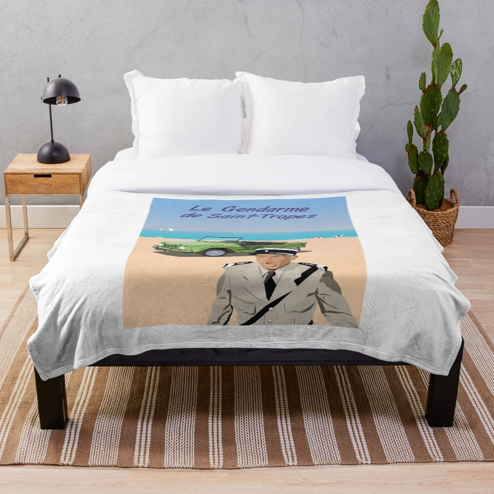 Retro plush blanket featuring Louis de Funes from the classic French comedy film The Gendarme of Saint Tropez
