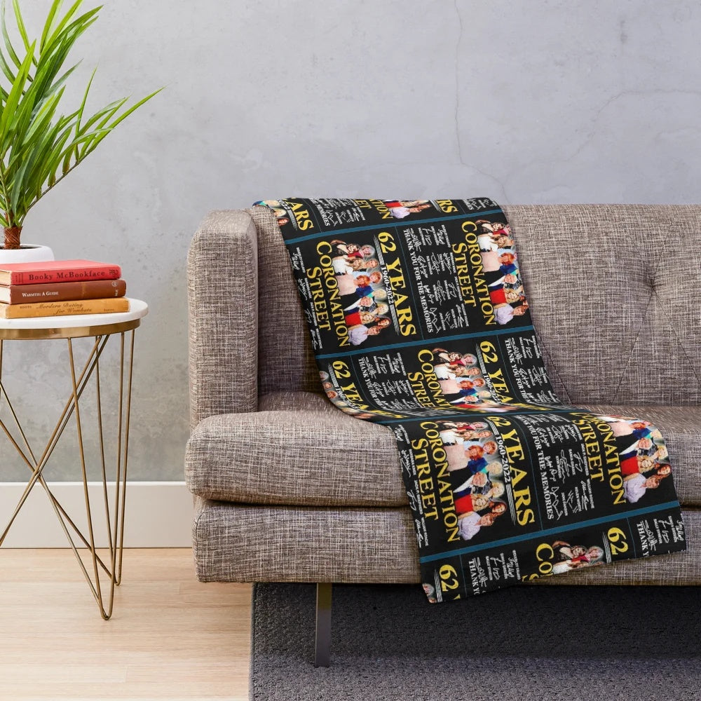 Coronation Street inspired plush blanket with retro pop art design