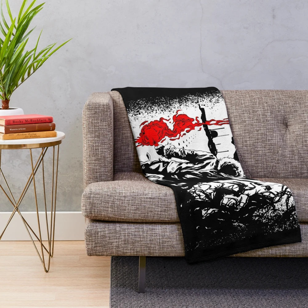 Plush blanket featuring imagery and references to the cult classic horror film The Thing