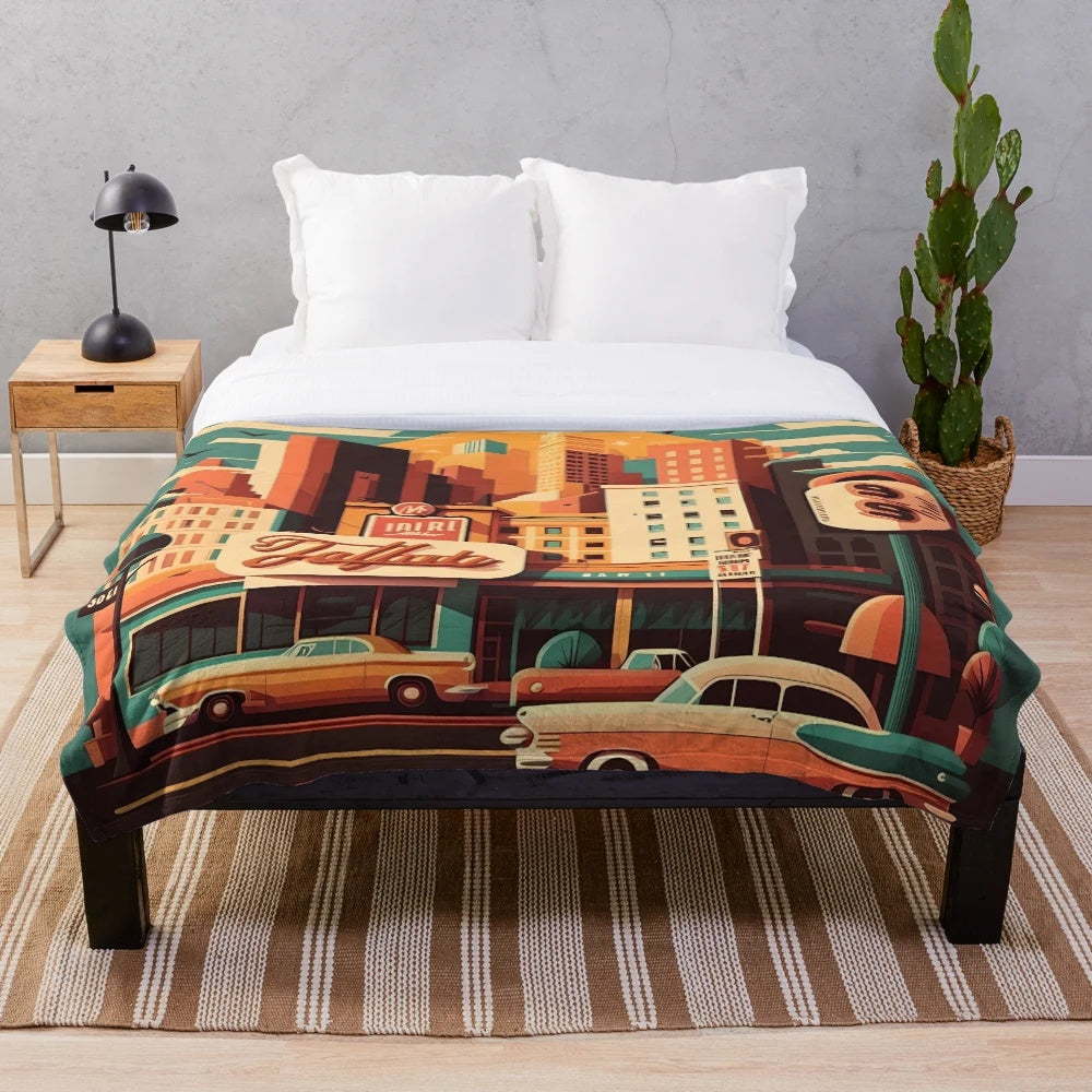 Retro plush blanket featuring a 1950s-inspired cityscape design