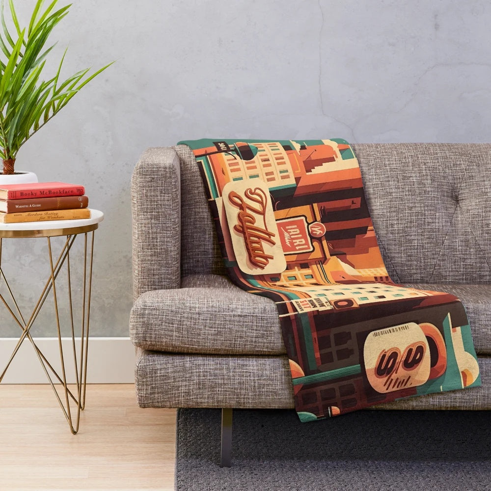 Retro plush blanket featuring a 1950s-inspired cityscape design