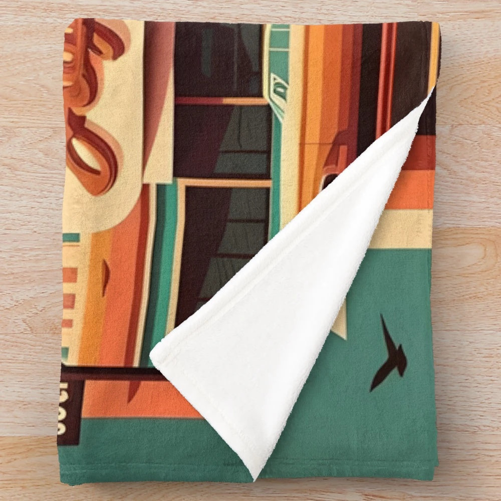 Retro plush blanket featuring a 1950s-inspired cityscape design