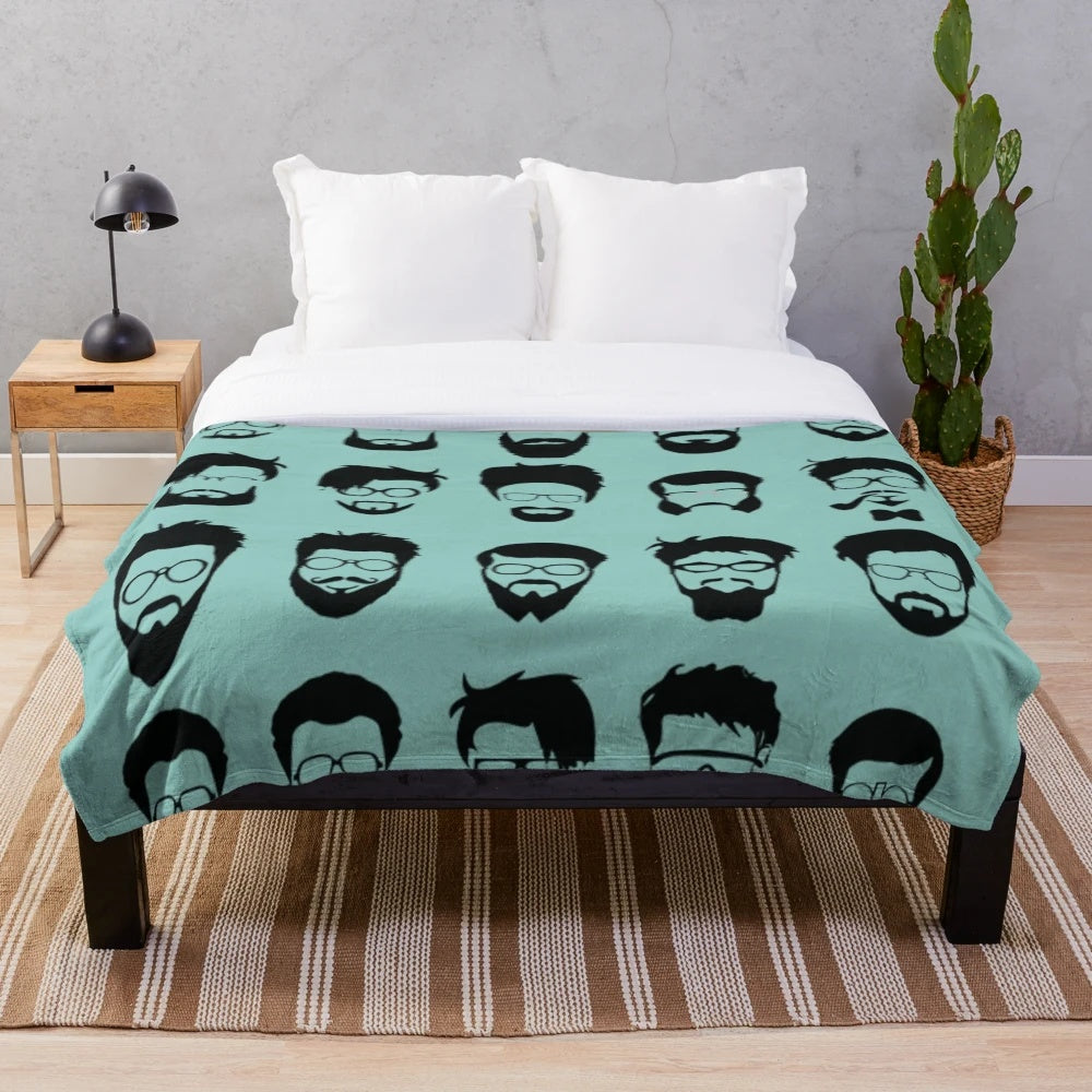 Retro plush blanket featuring a design with facial hair and eyeglasses