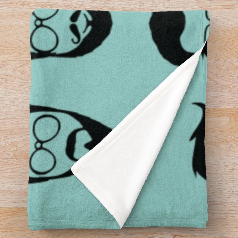 Retro plush blanket featuring a design with facial hair and eyeglasses