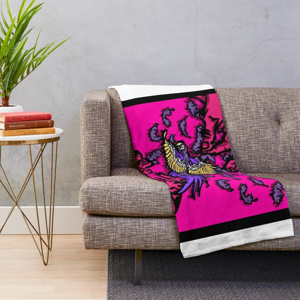 Retro plush blanket with a psychedelic parrot design