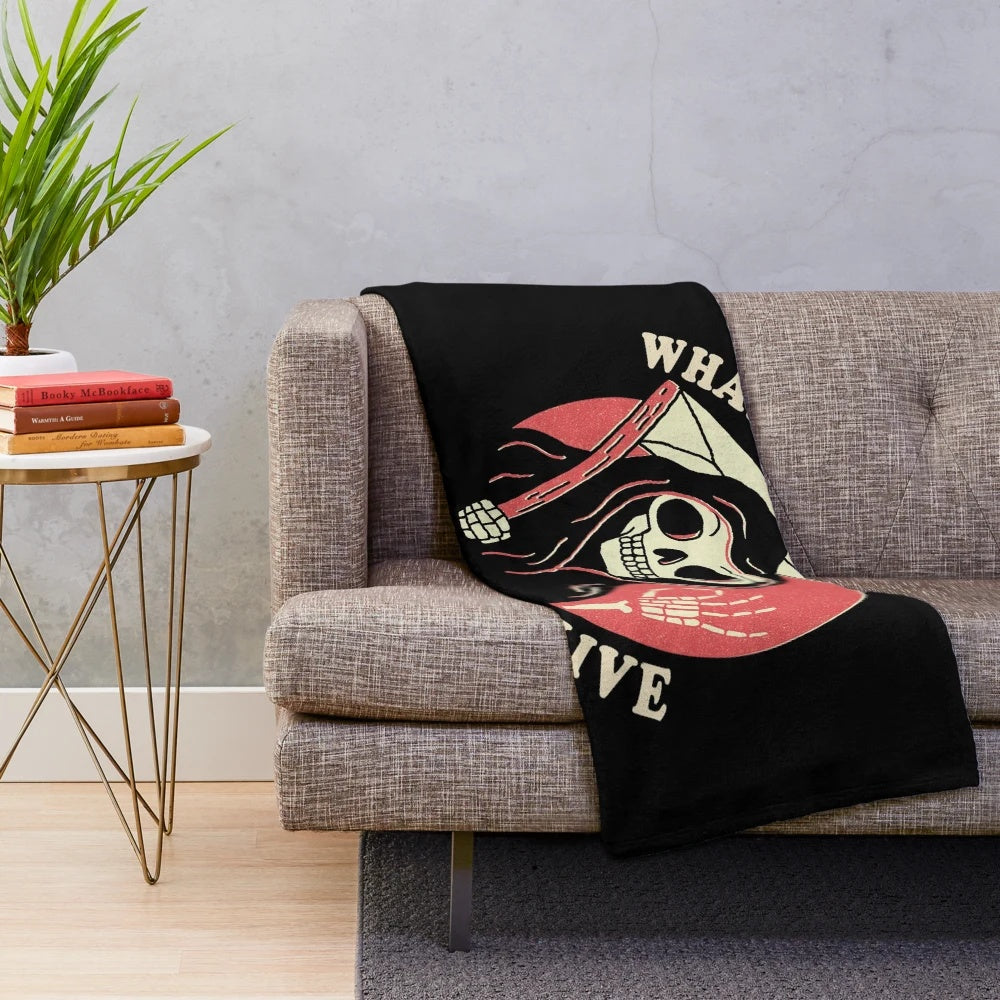 Retro plush blanket with grim reaper and "What A Time To Be Alive" design