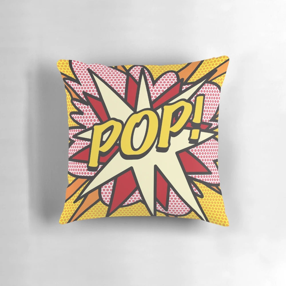 Retro pop art inspired pillow with vibrant comic book design