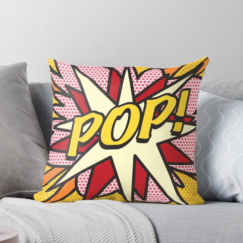 Retro pop art inspired pillow with vibrant comic book design