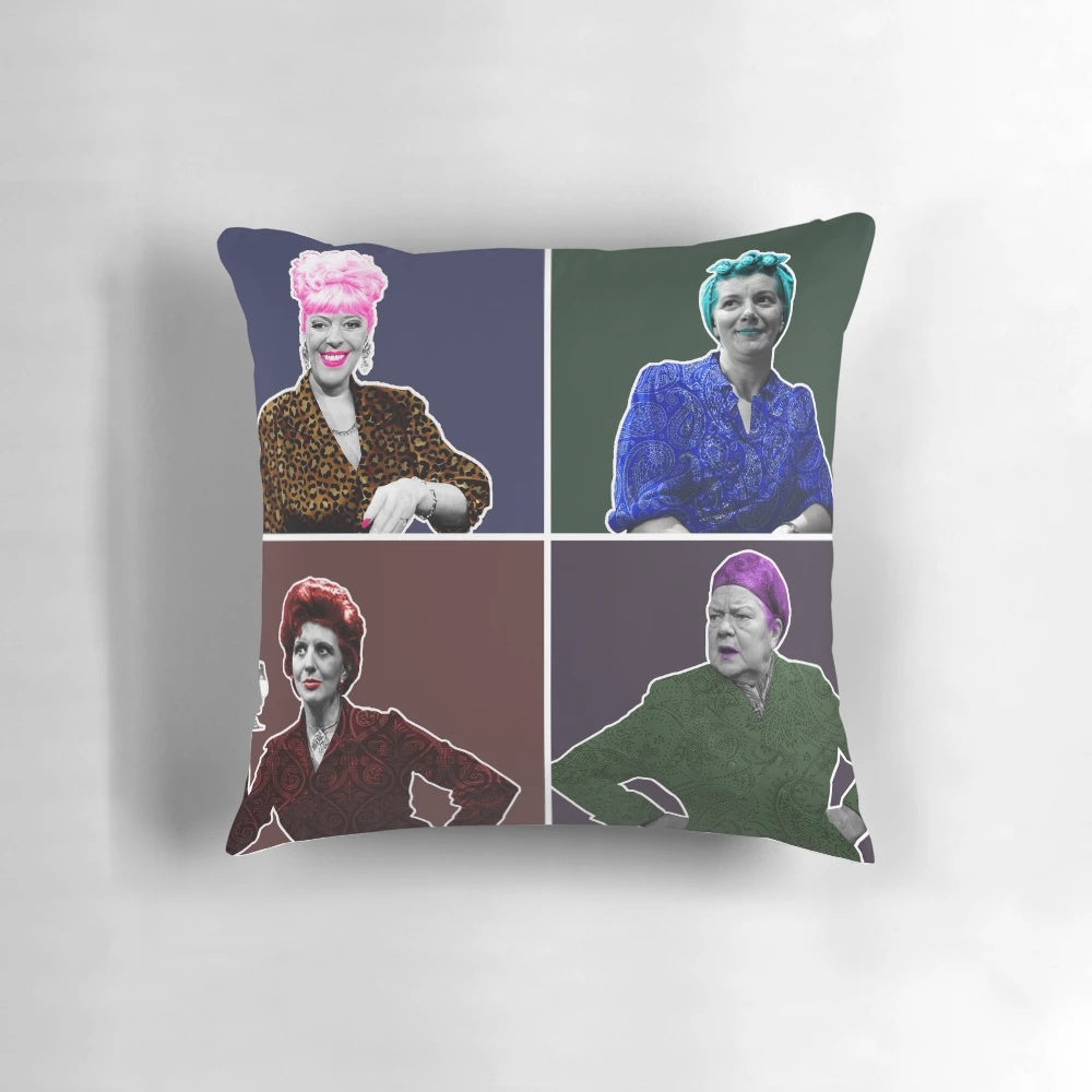 Retro pop art style pillow with images of Coronation Street's iconic female characters