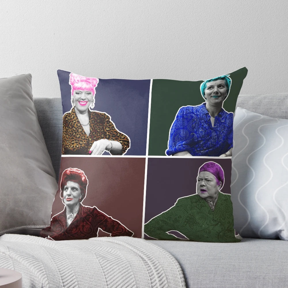 Retro pop art style pillow with images of Coronation Street's iconic female characters