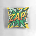 Vibrant pop art-style pillow featuring a 'ZAP' comic book-inspired design, perfect for comic fans and retro enthusiasts.