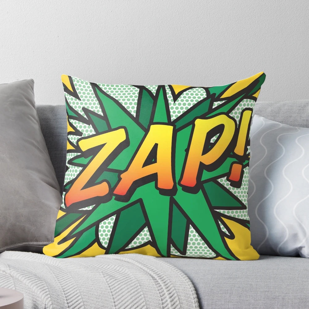 Vibrant pop art-style pillow featuring a 'ZAP' comic book-inspired design, perfect for comic fans and retro enthusiasts.