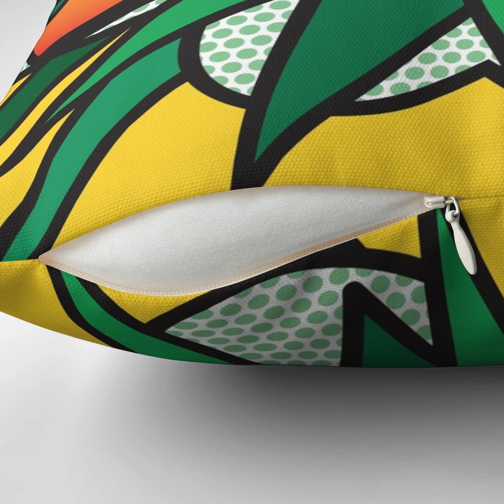 Vibrant pop art-style pillow featuring a 'ZAP' comic book-inspired design, perfect for comic fans and retro enthusiasts.