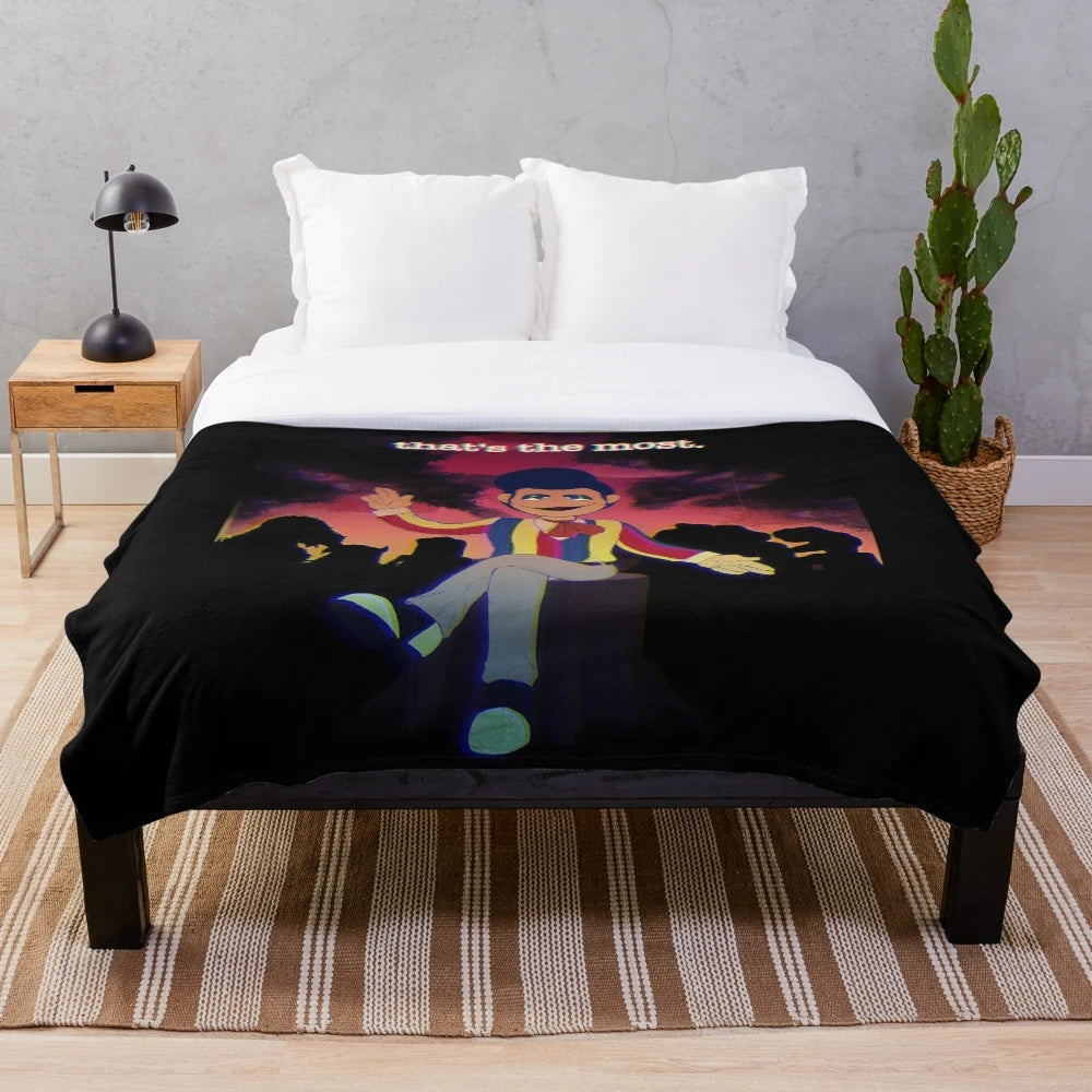 Colorful vintage-inspired plush blanket with retro cartoon characters