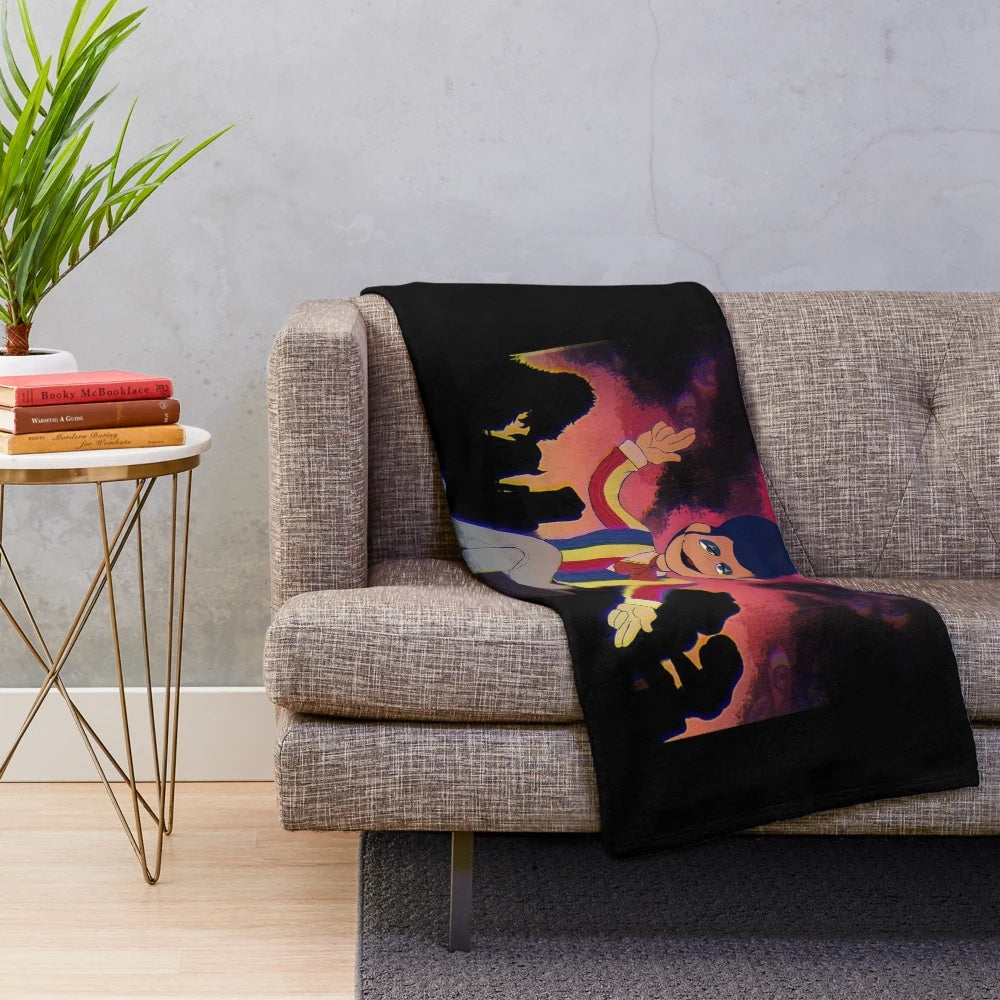 Colorful vintage-inspired plush blanket with retro cartoon characters