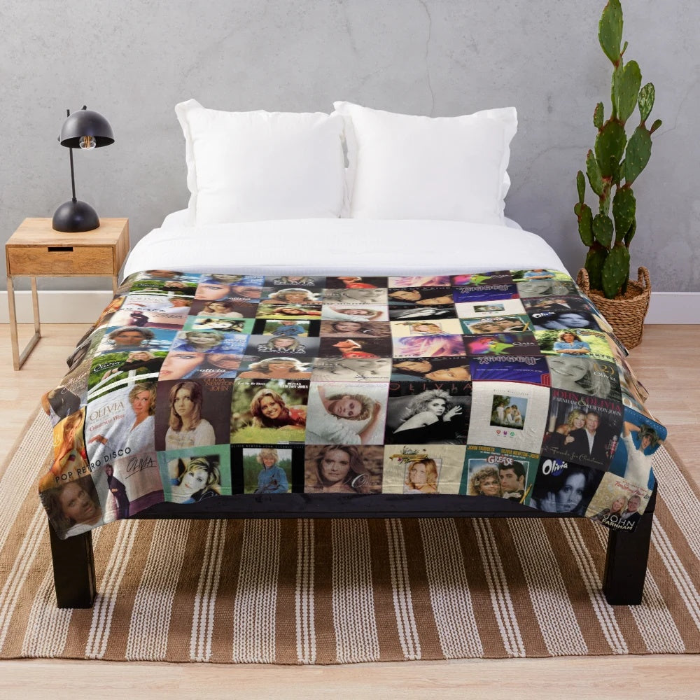 Retro pop art plush blanket with Olivia Newton-John album collage design