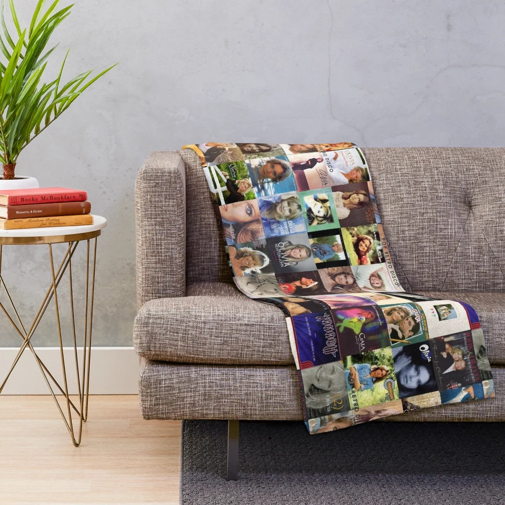 Retro pop art plush blanket with Olivia Newton-John album collage design