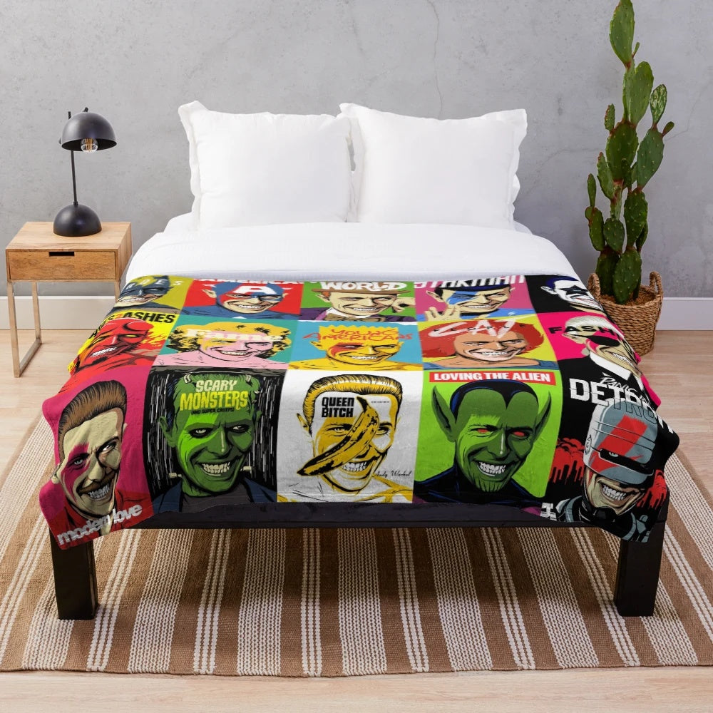 Retro pop art plush blanket with vibrant colors and patterns