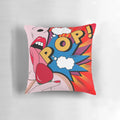 Vibrant pop art-inspired throw pillow with typography, lips, and strawberry graphics