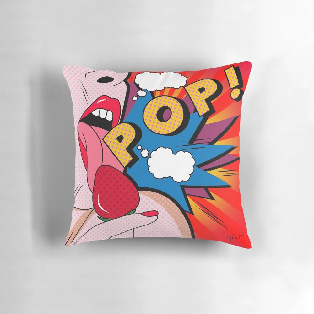 Vibrant pop art-inspired throw pillow with typography, lips, and strawberry graphics