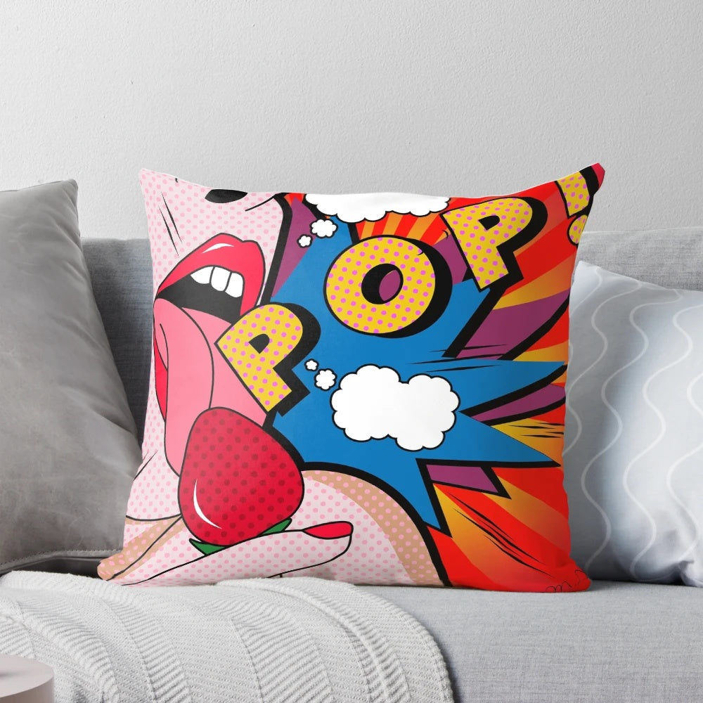 Vibrant pop art-inspired throw pillow with typography, lips, and strawberry graphics