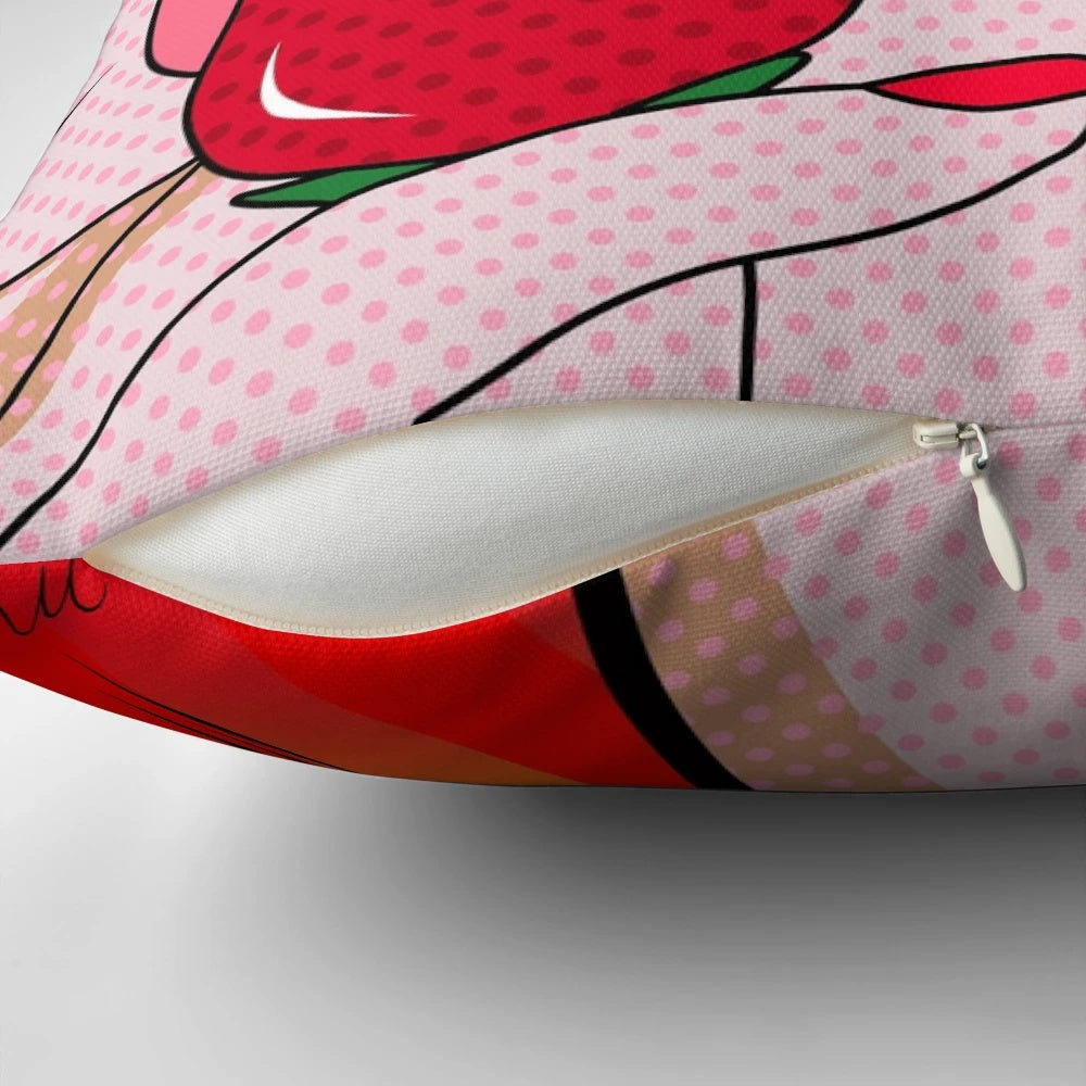 Vibrant pop art-inspired throw pillow with typography, lips, and strawberry graphics