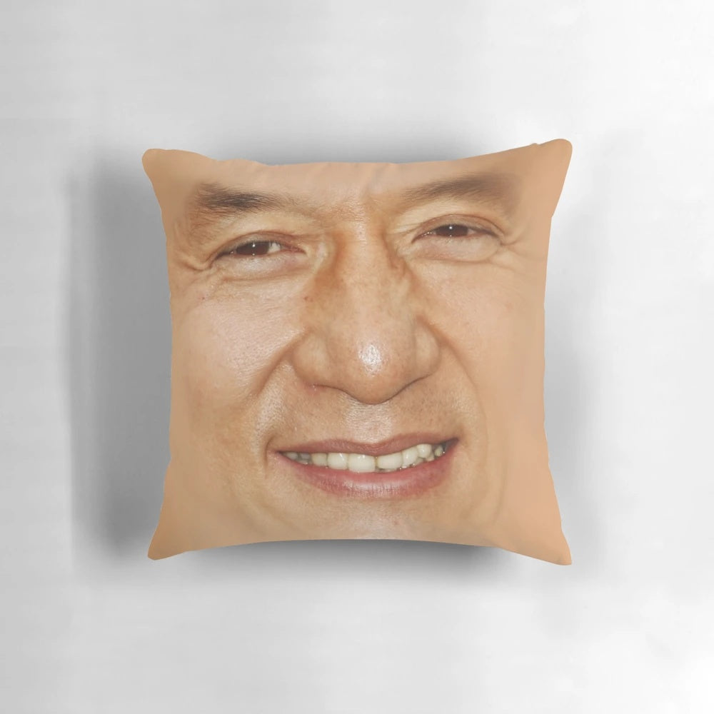 Retro-style pillow featuring a stylized illustration of Jackie Chan