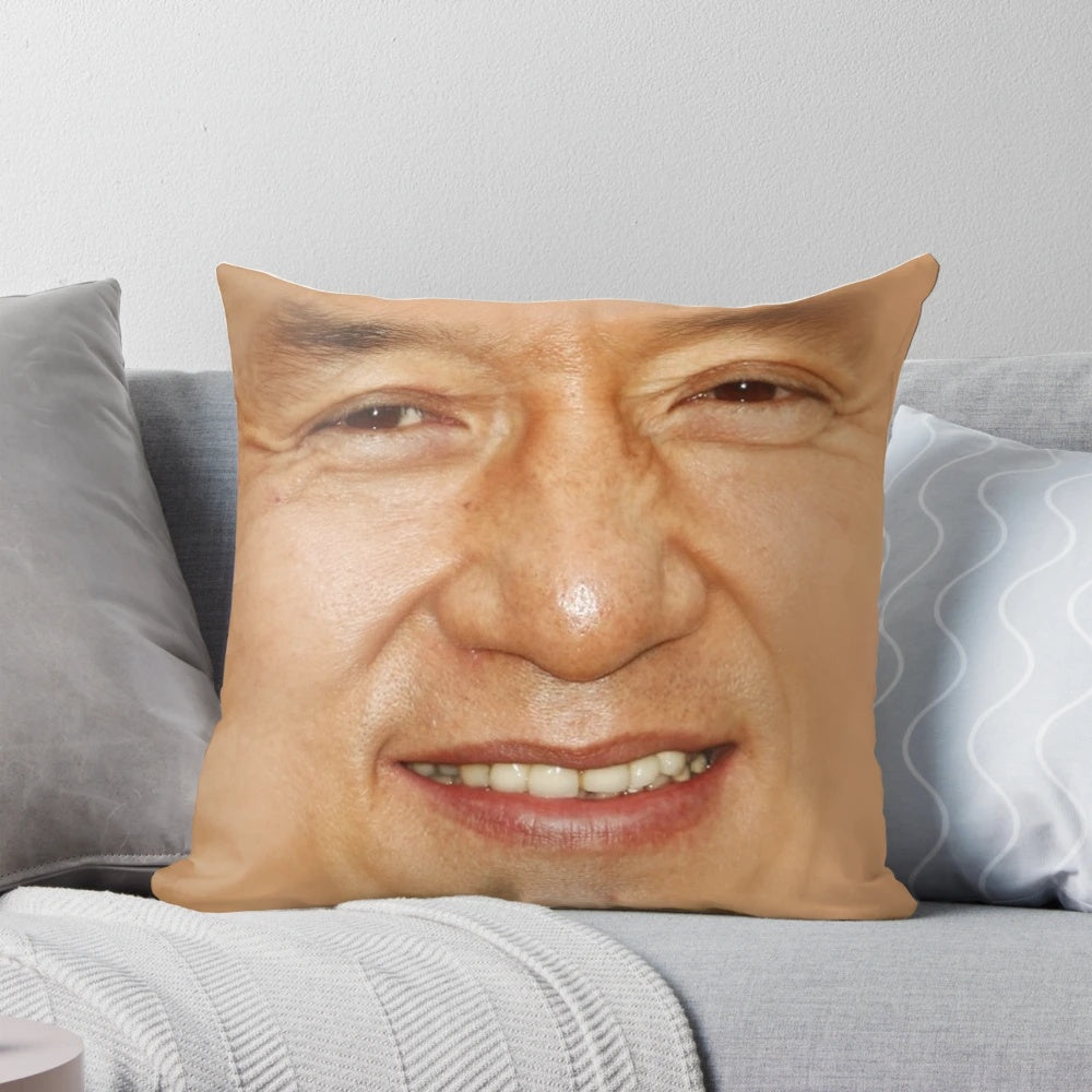 Retro-style pillow featuring a stylized illustration of Jackie Chan