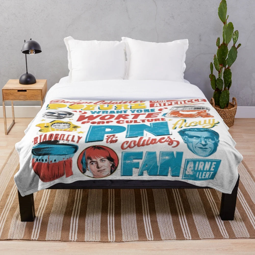 Retro pop culture plush blanket with iconic movie and TV inspired design