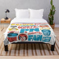 Retro pop culture plush blanket with iconic movie and TV inspired design
