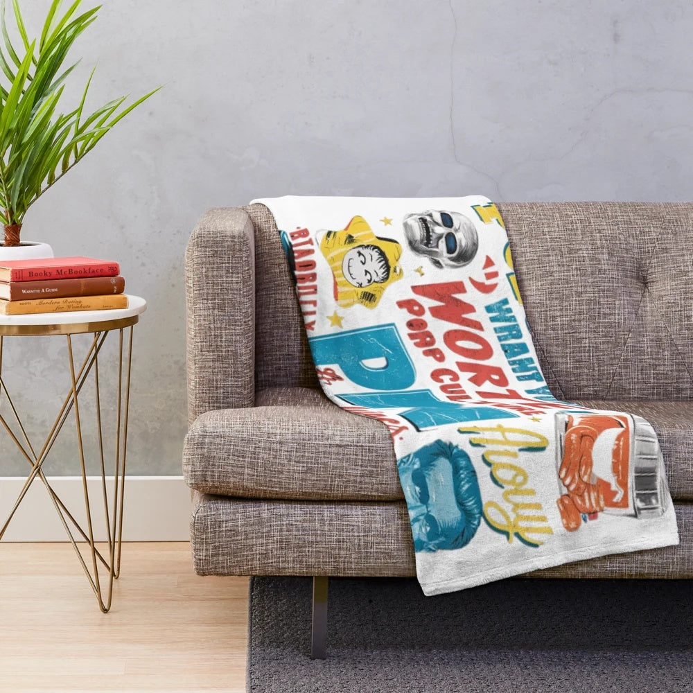 Retro pop culture plush blanket with iconic movie and TV inspired design