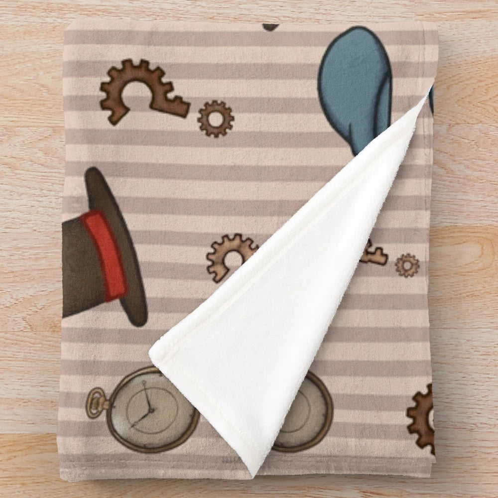 Professor Layton inspired plush blanket with a repeated pattern design in brown and cream