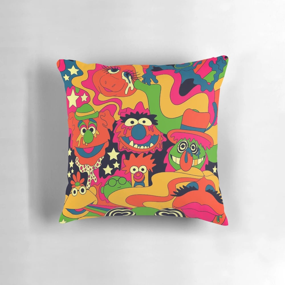 Vibrant, psychedelic-inspired pillow with a groovy, retro 70s design