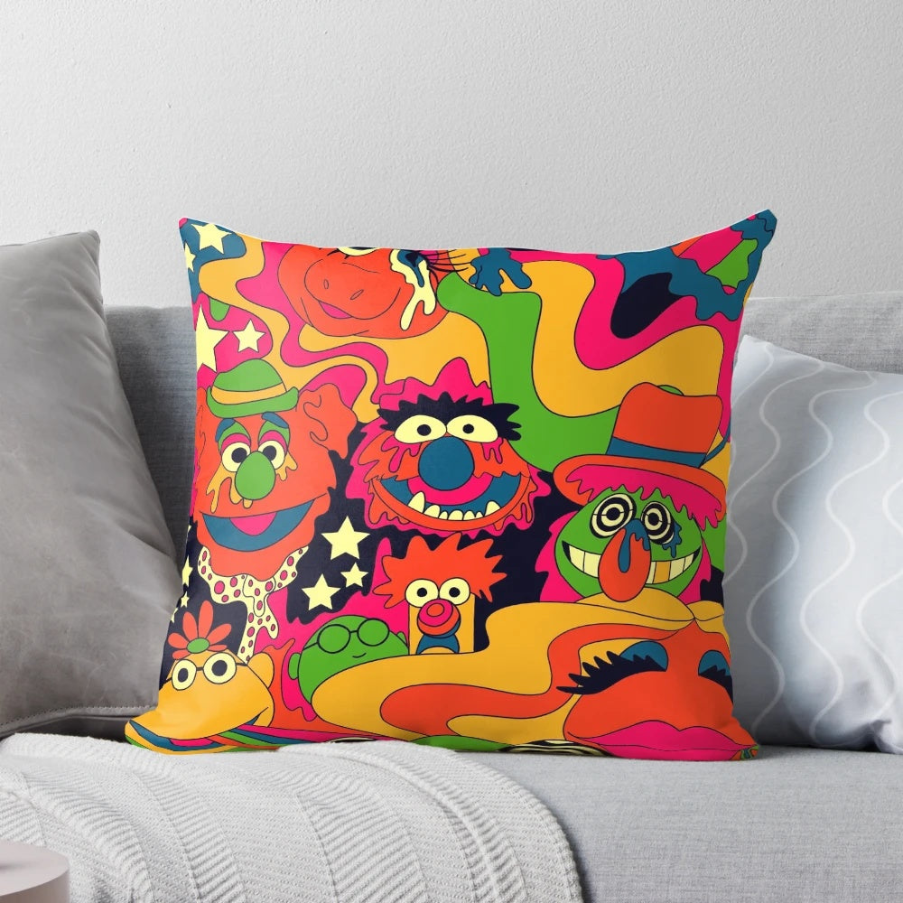Vibrant, psychedelic-inspired pillow with a groovy, retro 70s design