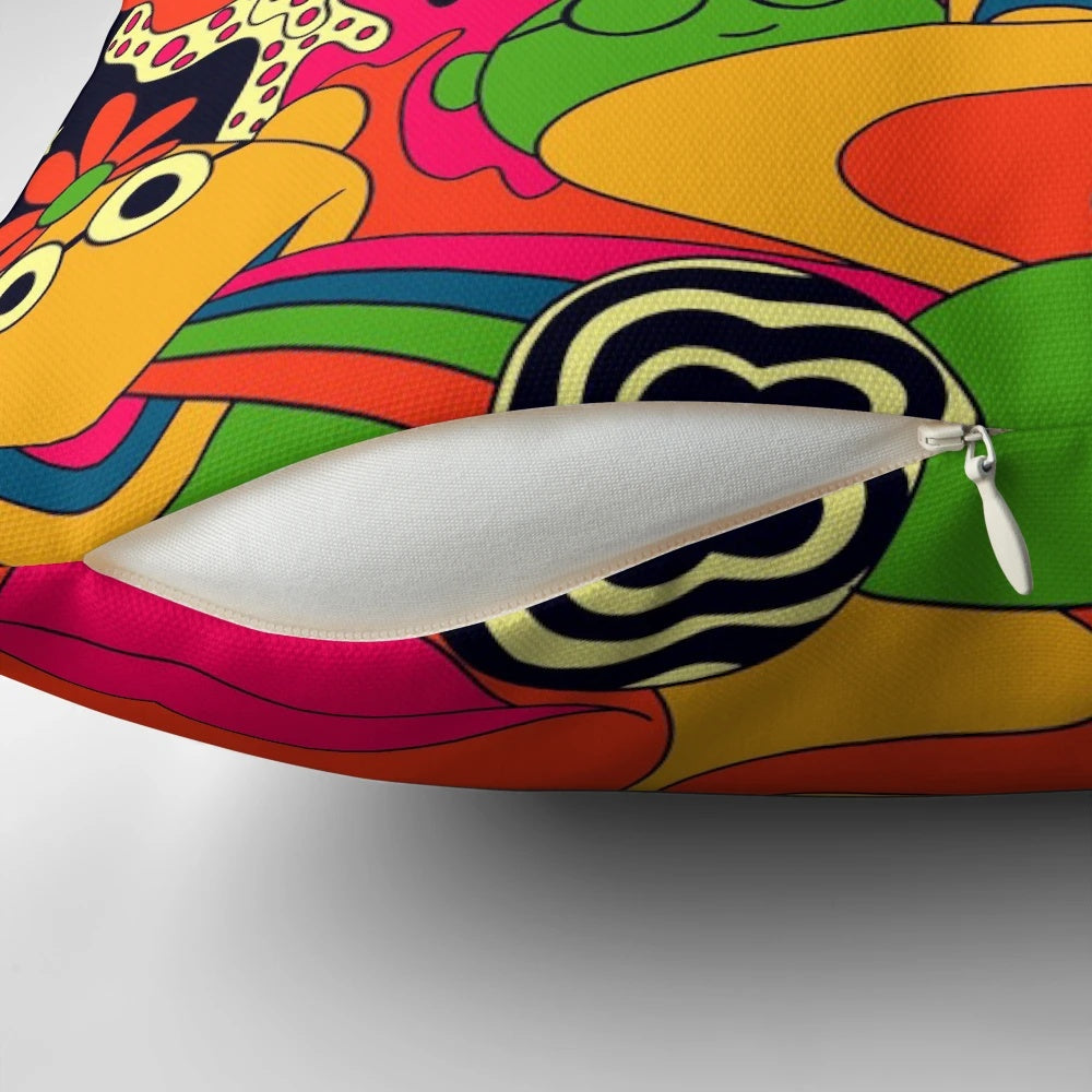Vibrant, psychedelic-inspired pillow with a groovy, retro 70s design