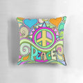 Retro psychedelic hippie pillow with vibrant floral and peace symbol graphic design