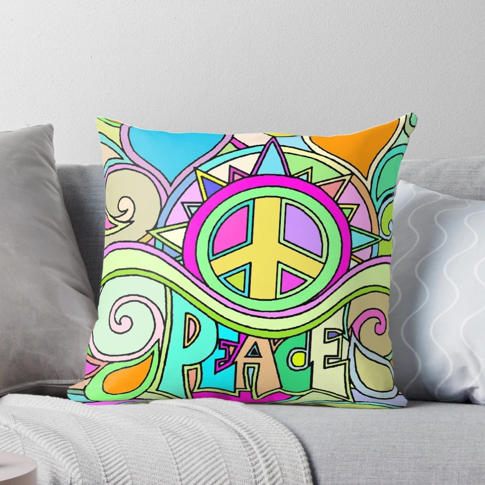 Retro psychedelic hippie pillow with vibrant floral and peace symbol graphic design