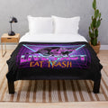 Retro-inspired raccoon plush blanket with "Live Fast Eat Trash" design