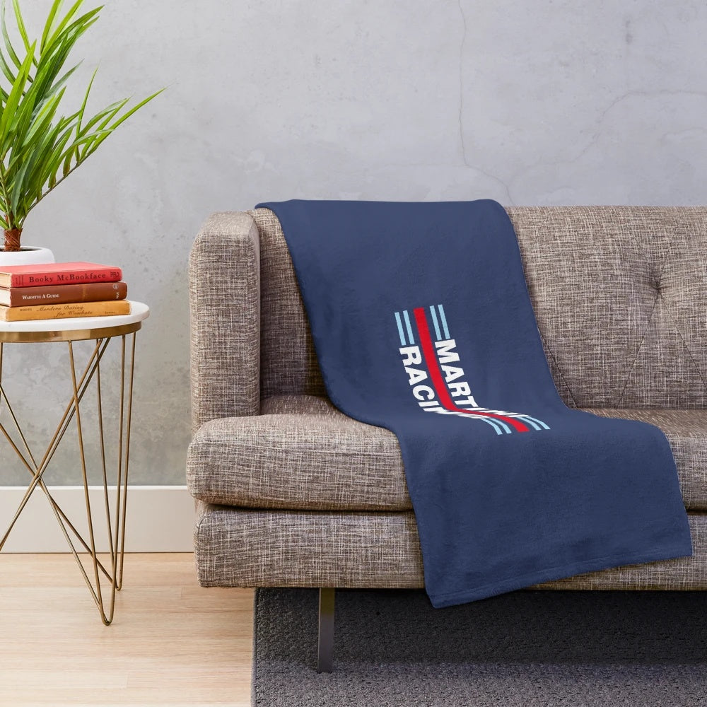 Retro racing inspired plush blanket with motorsport and car design