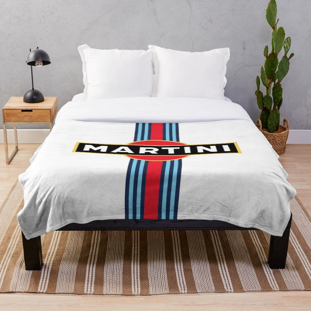 Retro racing stripe plush blanket with Martini-inspired design