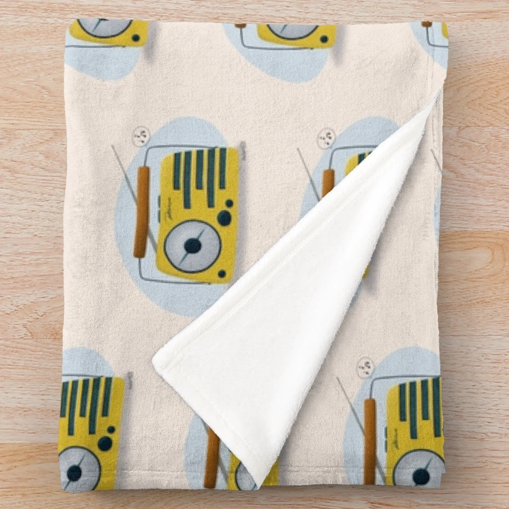 Retro radio illustration plush blanket with bold, vintage radio design