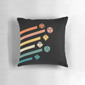 Retro rainbow polyhedral dice set printed on a cozy tabletop RPG pillow