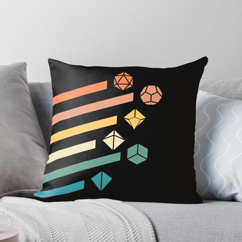 Retro rainbow polyhedral dice set printed on a cozy tabletop RPG pillow