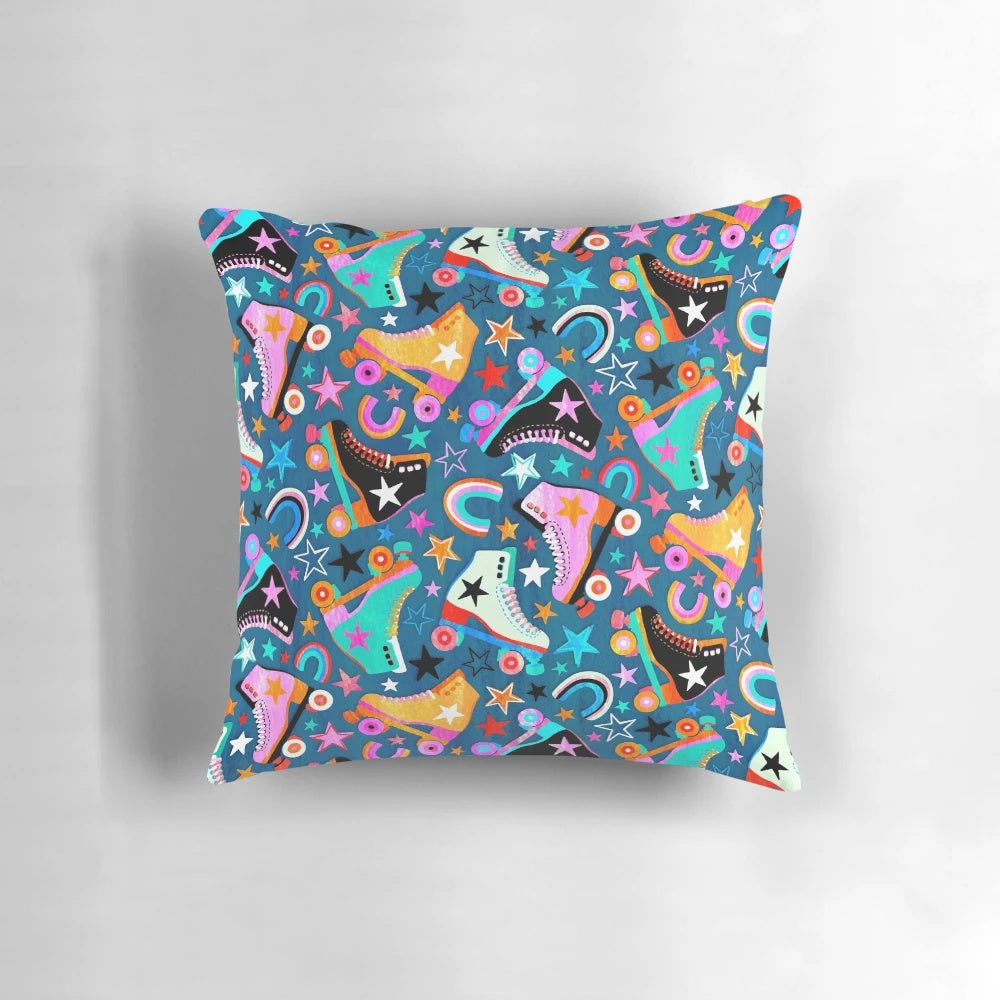 Vintage retro rainbow roller skates and stars on a soft decorative pillow