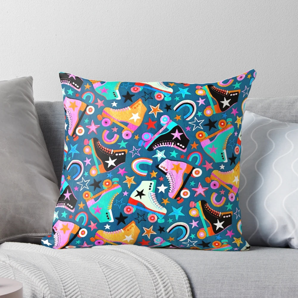 Vintage retro rainbow roller skates and stars on a soft decorative pillow