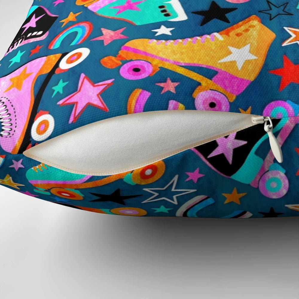 Vintage retro rainbow roller skates and stars on a soft decorative pillow